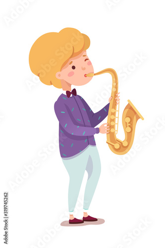 Talented young boy playing saxophone on white