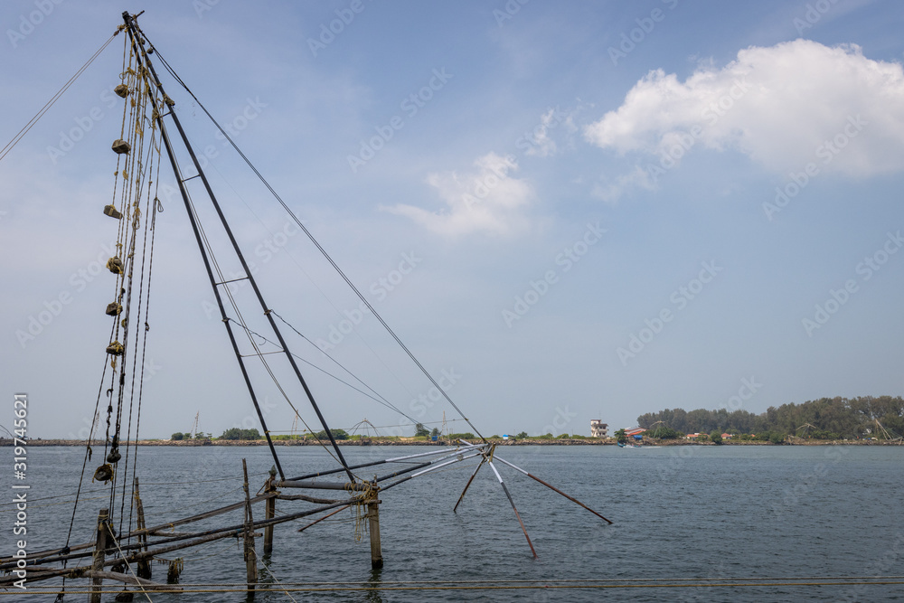 Chinese fishing nets on Periyar River, Munambam Kerala, India