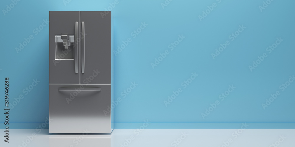 Refrigerator side by side on kitchen floor, blue wall background, copy space. 3d illustration Refrigerator side by side on kitchen floor, blue wall background, copy space. 3d illustration
