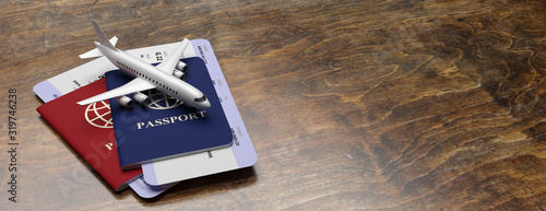 Plane tickets and passports on wood, banner, copy space. 3d illustration