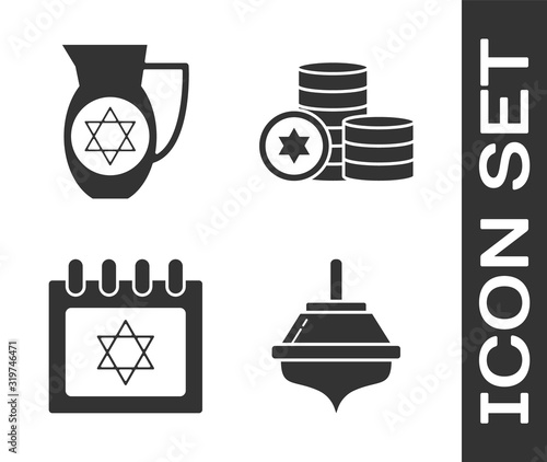 Set Hanukkah dreidel, Decanter with star of david, Jewish calendar with star of david and Jewish coin icon. Vector photo