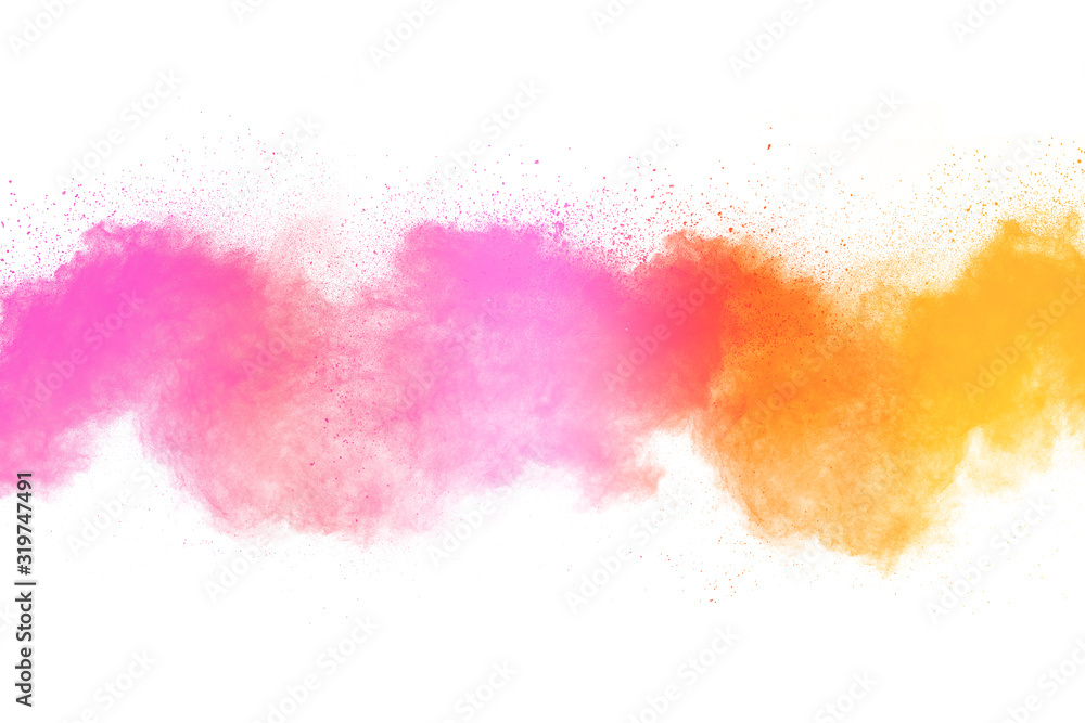 Pink powder explosion on white background. Pink dust splash cloud on white background.