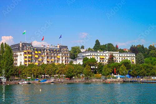Geneva, Switzerland - August 23, 2013: Lakefront of Geneva Lake in Geneva, Vaud canton, Switzerland.