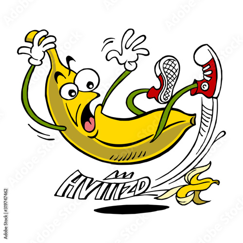 Banana mascot in sneakers slipped on the skin of a banana and falls to the ground, color cartoon