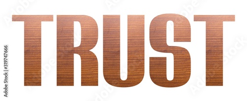 TRUST word with brown wooden texture on white background.