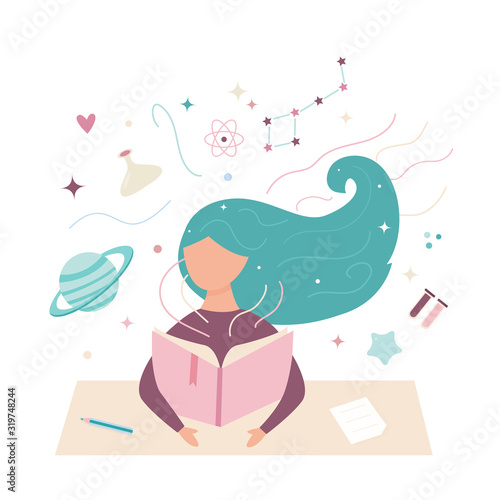 Vector image of a reading girl. Working student