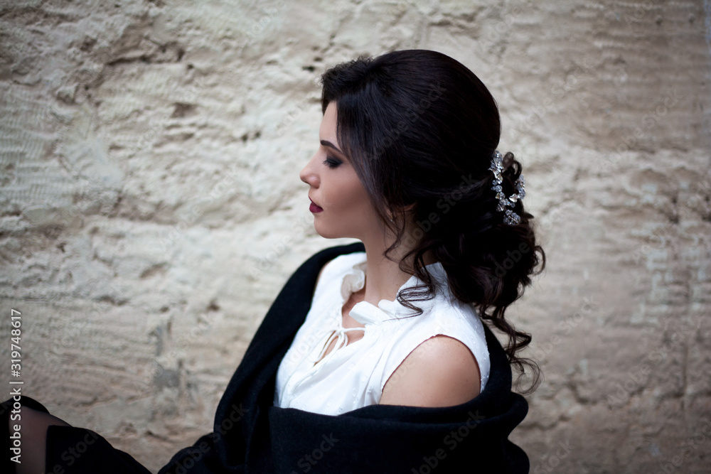 Portrait of fashion woman with glamour hairstyle. Female evening or wedding look with professional hairdo and makeup is posing against wall. Styling jewerly decorates the hair of a girl Portrait of fashion woman with glamour hairstyle. Female evening or wedding look with professional hairdo and makeup is posing against wall. Styling jewerly decorates the hair of a girl