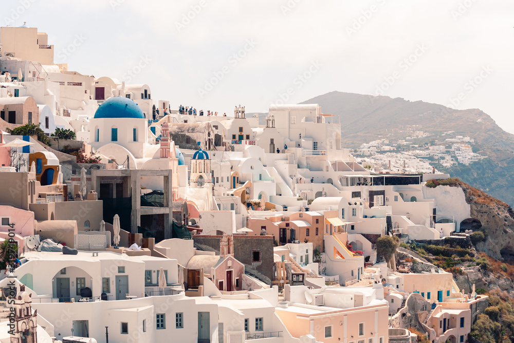 Classical casual view on the decoration and architecture of Oia village Santorini at sun weather