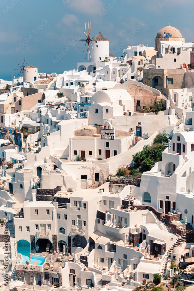 Classical casual view on the decoration and architecture of Oia village Santorini at sun weather