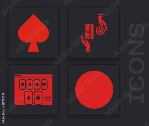 Set Casino roulette wheel, Playing card with spades symbol, Casino chips exchange on stacks of dollars and Online poker table game icon. Vector