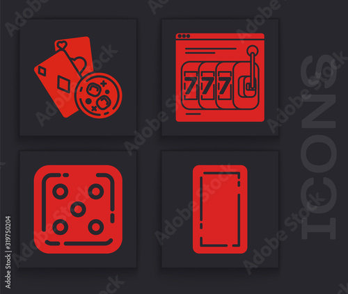 Set Playing card back, Playing cards and glass of whiskey with ice cubes, Online slot machine with lucky sevens jackpot and Game dice icon. Vector