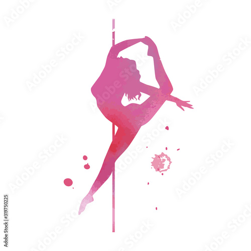 Vector silhouette pole dance with watercolor texture on a white background. Hand sketch exotic dance vector illustration. Pink isolated clipart for logotype, badge, icon, logo, banner, tag, clothes