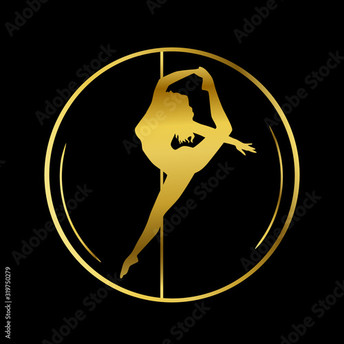 Gold logo for Dance studio, Pole dance, stripper club. Silhouette pole dance on a black background. Pole dance exotic vector illustration. Vector illustration for logotype, icon, banner