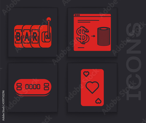 Set Playing card with heart symbol, Slot machine, Online casino chips exchange on stacks of dollars and Poker table icon. Vector