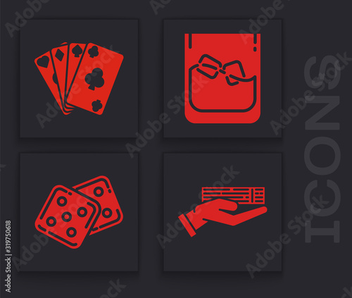 Set Hand holding deck of playing cards, Playing cards, Glass of whiskey and ice cubes and Game dice icon. Vector