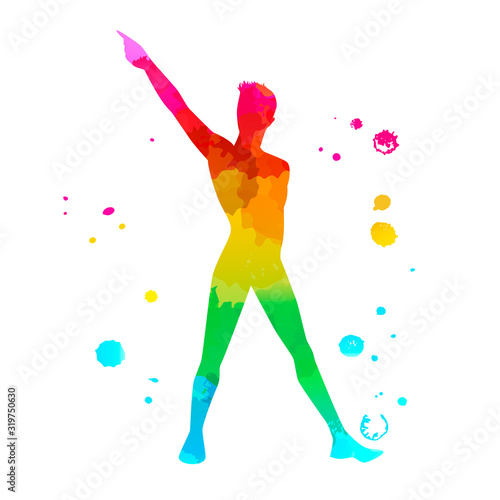 Color silhouette of a dancing man on white background. A male street dance hip hop dancer. Vector isolated man with watercolor texture for logo, sticker, banner, poster. Illustration for dance studio