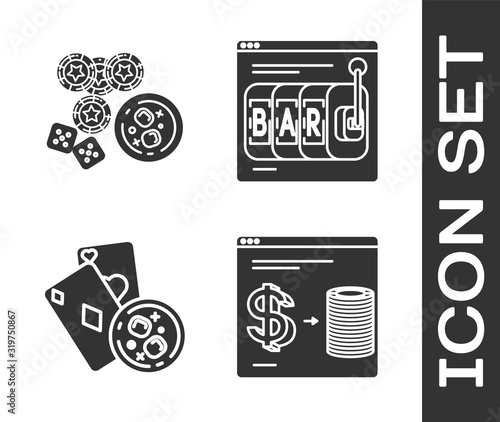 Set Online casino chips exchange on stacks of dollars, game dice and glass of whiskey with ice cubes, Playing cards and glass of whiskey with ice cubes and Online slot machine icon. Vector