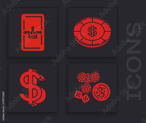 Set Casino chips, game dice and glass of whiskey with ice cubes, Joker playing card, Casino chip with dollar symbol and Dollar symbol icon. Vector