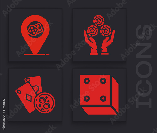Set Game dice, Casino location, Hand holding casino chips and Playing cards and glass of whiskey with ice cubes icon. Vector