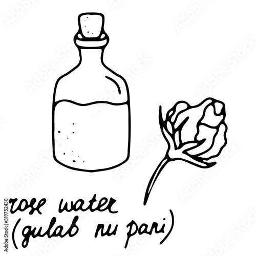 Hand drawn isolated food icon. Black outline illustration of rose water. Glass bottle and rose bud. Indian  Gulab nu pani. Esssence bottle. Rose essential oil.