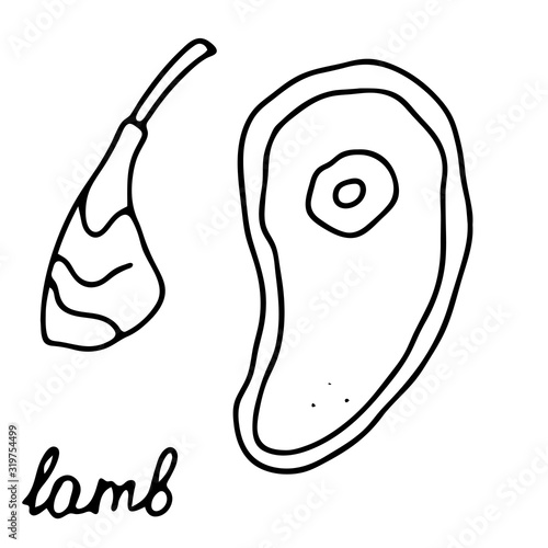 Hand drawn isolated meat icon. Black outline illustration of lamb.  Lamb Steak and rib chops icon.