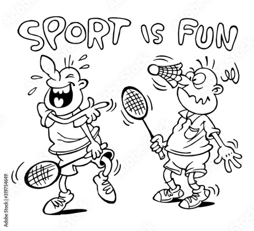 Badminton players with rackets and ball on nose in humorous situation, sport is fun, black and white cartoon