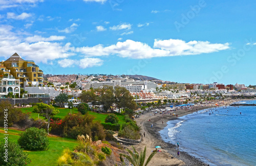 Beautiful view of Fanabe beach in Costa Adeje, Tenerife,Canary Islands,Spain.Summer vacation,relax or travel concept.Selective focus.