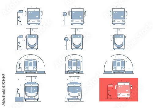 Public transport icons. Front view line icons set with bus, tram, underground and train with and without stop. Flat vector.