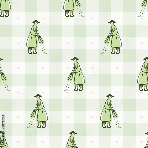 Εκτύπωση καμβά Hand drawn whimsical woman gardner with hat sowing seed