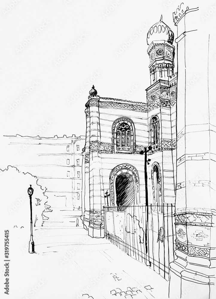 Illustration of Synagogue in Budapest, ink hand drawn urban sketch on white background