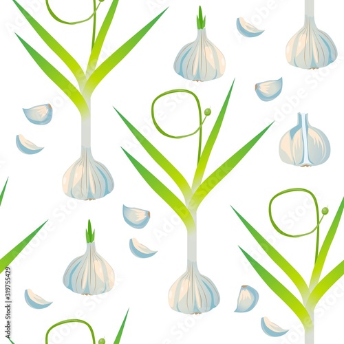 Cute seamless pattern with cartoon garlic, spicy spice