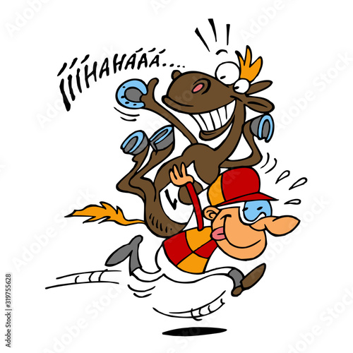 Jockey carries horse on his back and runs horse racing, color cartoon joke