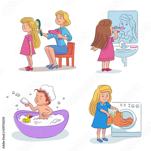 Girl daily hygiene activities cartoon scenes set