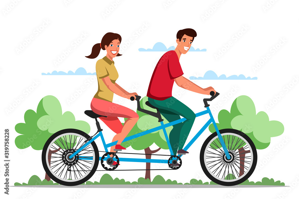Man and woman riding eco-friendly tandem bicycle