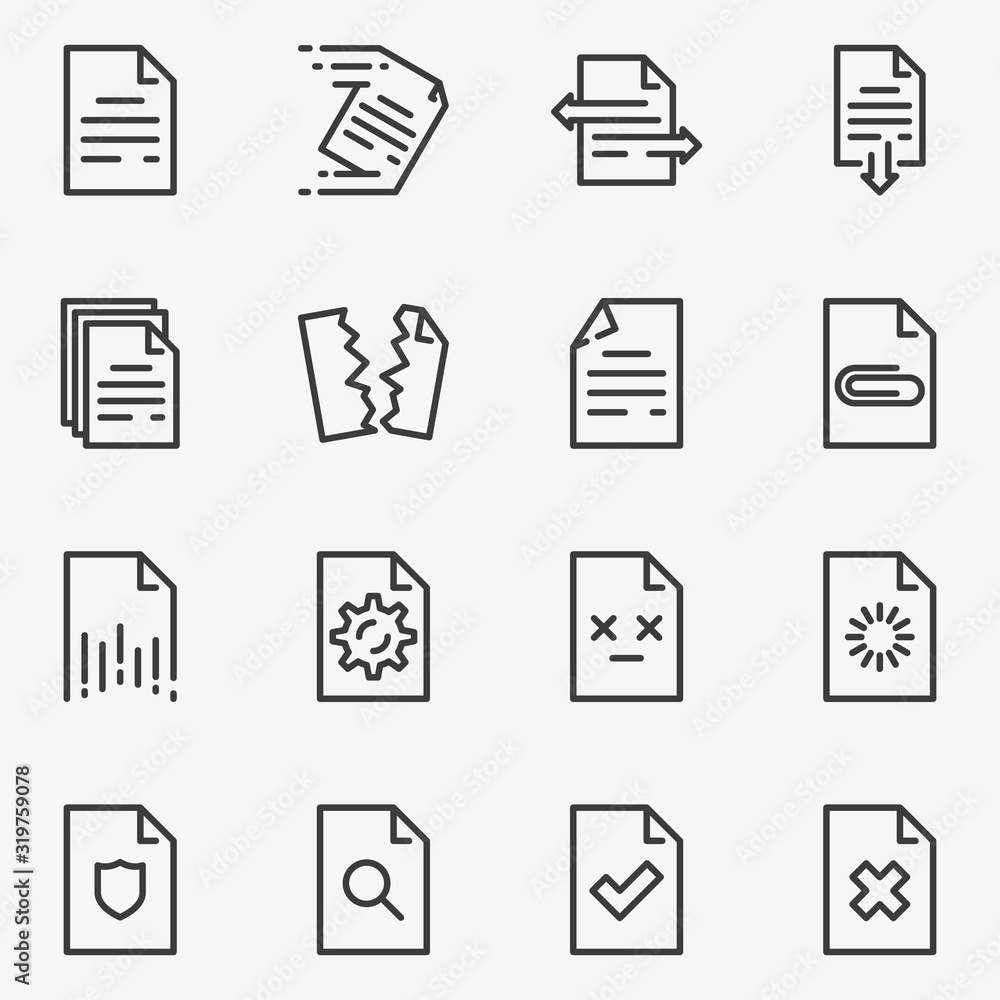 Set of documents line black and white vector icon.