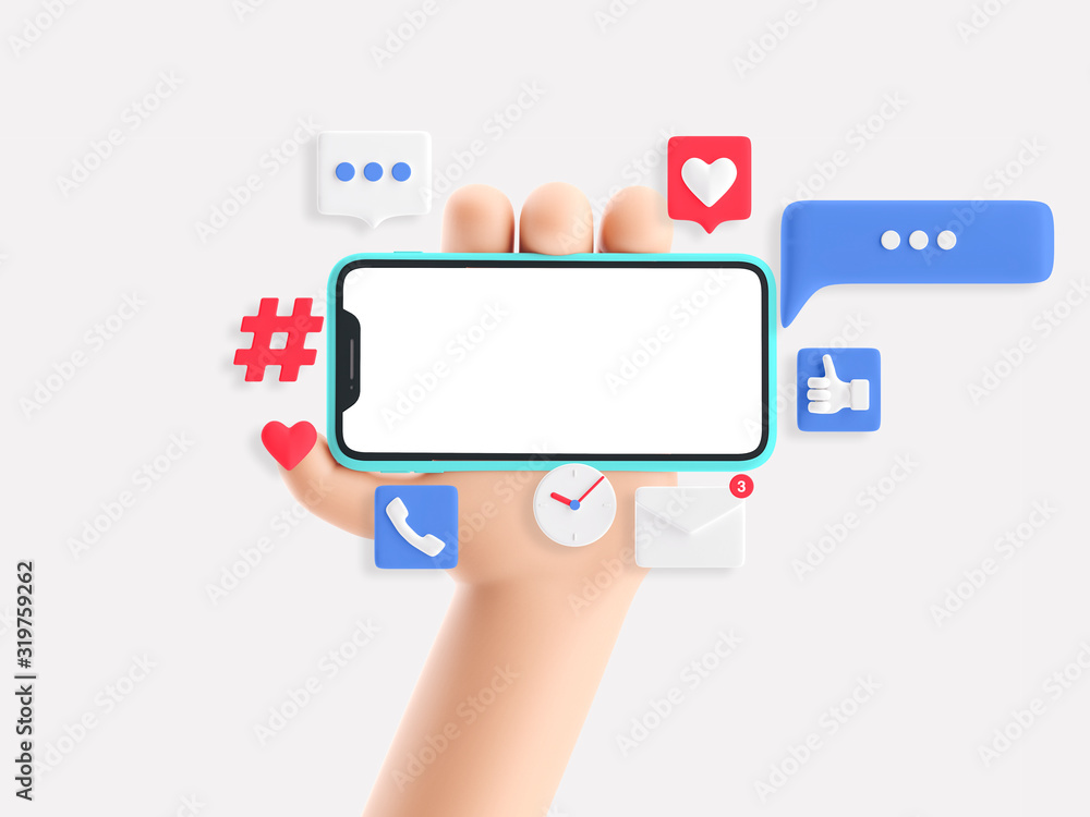 Cartoon device Mockup with icons. Cartoon hand holding phone on white background. 3d illustration. Social Media Concept. Cartoon device Mockup with icons. Cartoon hand holding phone on white background. 3d illustration. Social Media Concept.