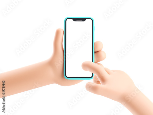 Cartoon device Mockup. Cartoon hand holding phone on white background. 3d illustration.