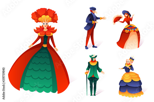People in festive costume on venetian carnival set