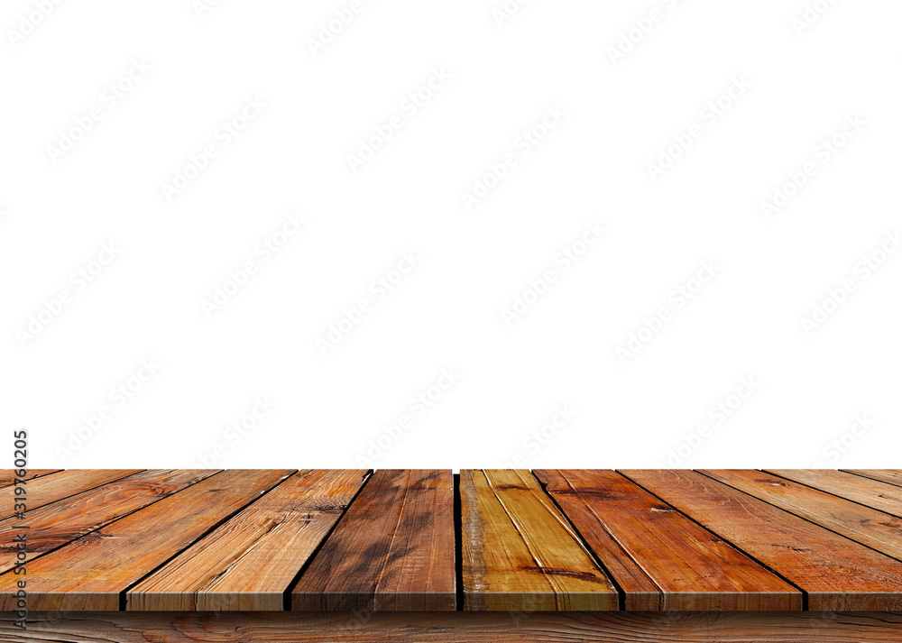 Brown empty wooden table top isolated on white background, used for product placement or Wooden board empty mock up for display of product.There are Clipping Paths for the designs and decoration Brown empty wooden table top isolated on white background, used for product placement or Wooden board empty mock up for display of product.There are Clipping Paths for the designs and decoration