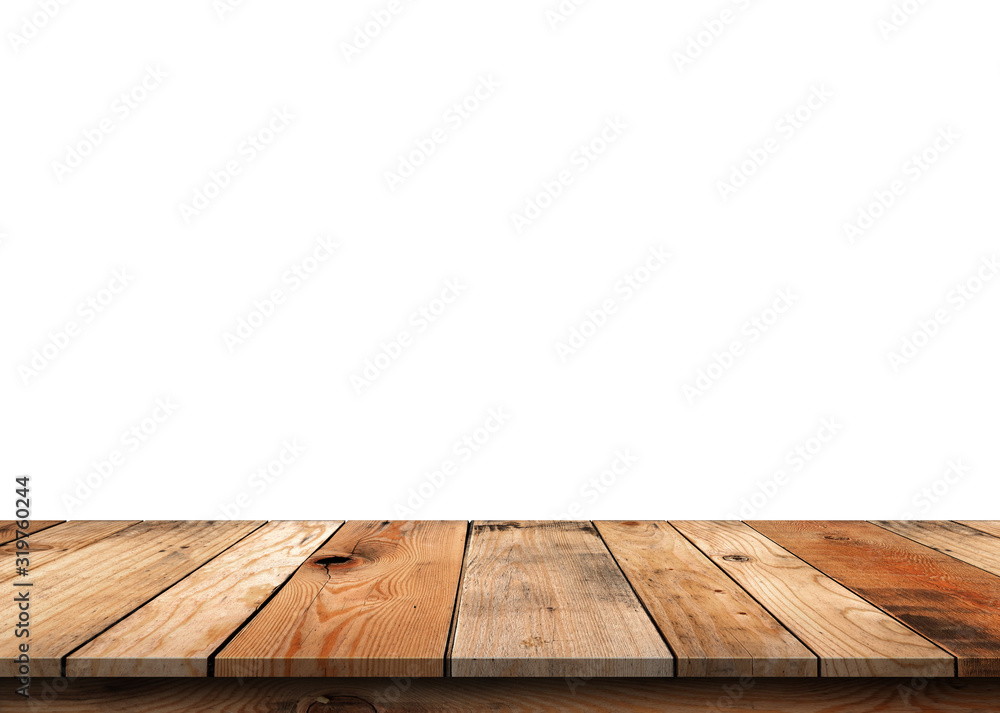 Brown empty wooden table top isolated on white background, used for product placement or Wooden board empty mock up for display of product.There are Clipping Paths for the designs and decoration Brown empty wooden table top isolated on white background, used for product placement or Wooden board empty mock up for display of product.There are Clipping Paths for the designs and decoration