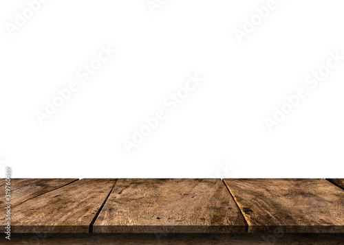 Brown empty wooden table top isolated on white background, used for product placement or Wooden board empty mock up for display of product.There are Clipping Paths for the designs and decoration