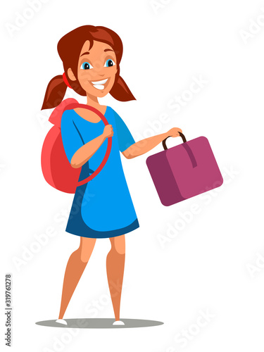 Happy cute smiling girl with backpack and handbag