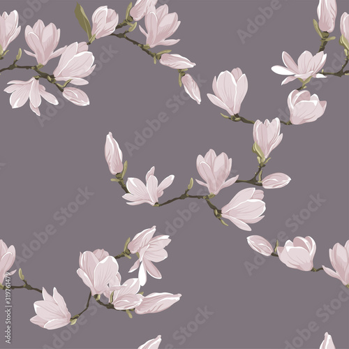 Vector floral seamless pattern of magnolia set. Floral pink images on a violet background. Textile design elements.