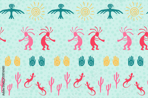 design with humpbacked man playing flute musical instrument.