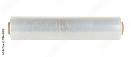 A roll of plastic wrap on a cardboard spool, isolated on a white background. Side view.