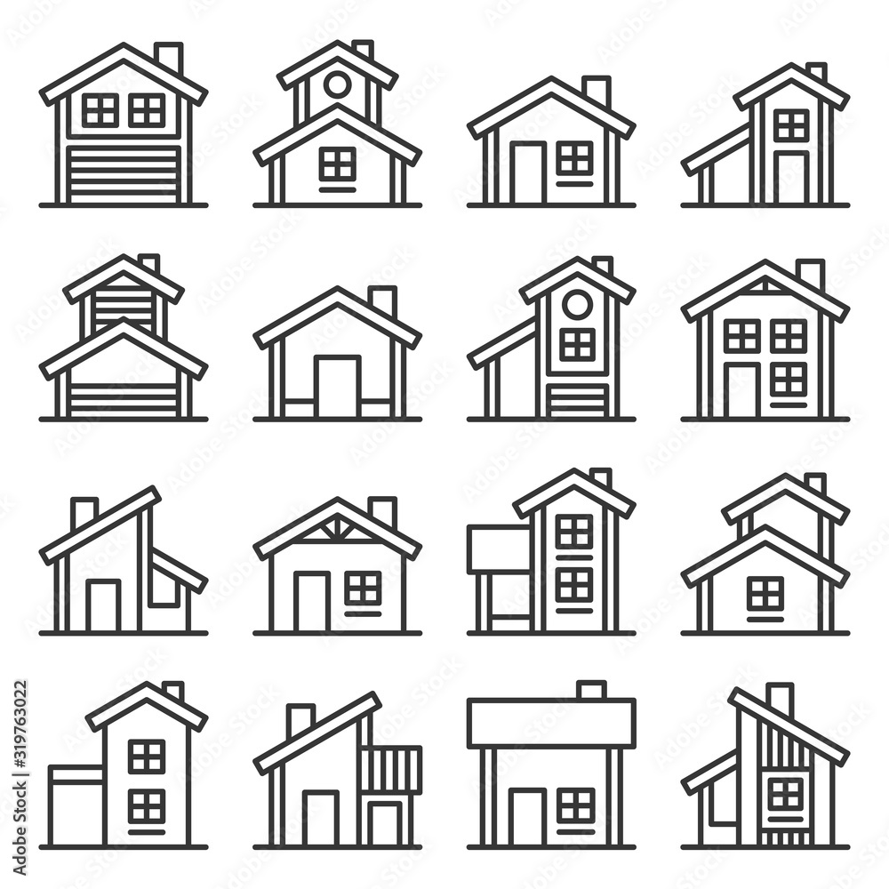 Houses Buildings Icons Set. Line Style Vector