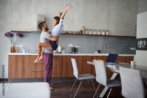 Happy man and woman in the morning. Love, Romance and valentine’s day concept.