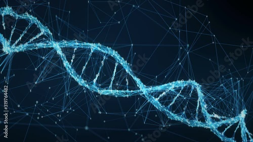 Abstract representation of digital binary plexus DNA molecule strand helix spiral. For visuals, biology, biotechnology, chemistry, science, Medicine, cosmetics or as motion background. Seamless Loop.