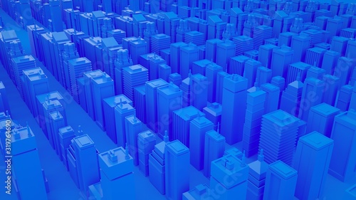 Blue toned abstract 3d isometric city landscape with skyscrapers. 3d illustration