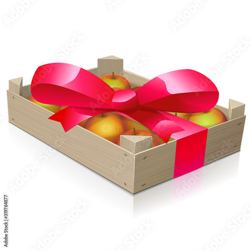 Cageot en bois contenant des pommes en cadeau (reflet)
